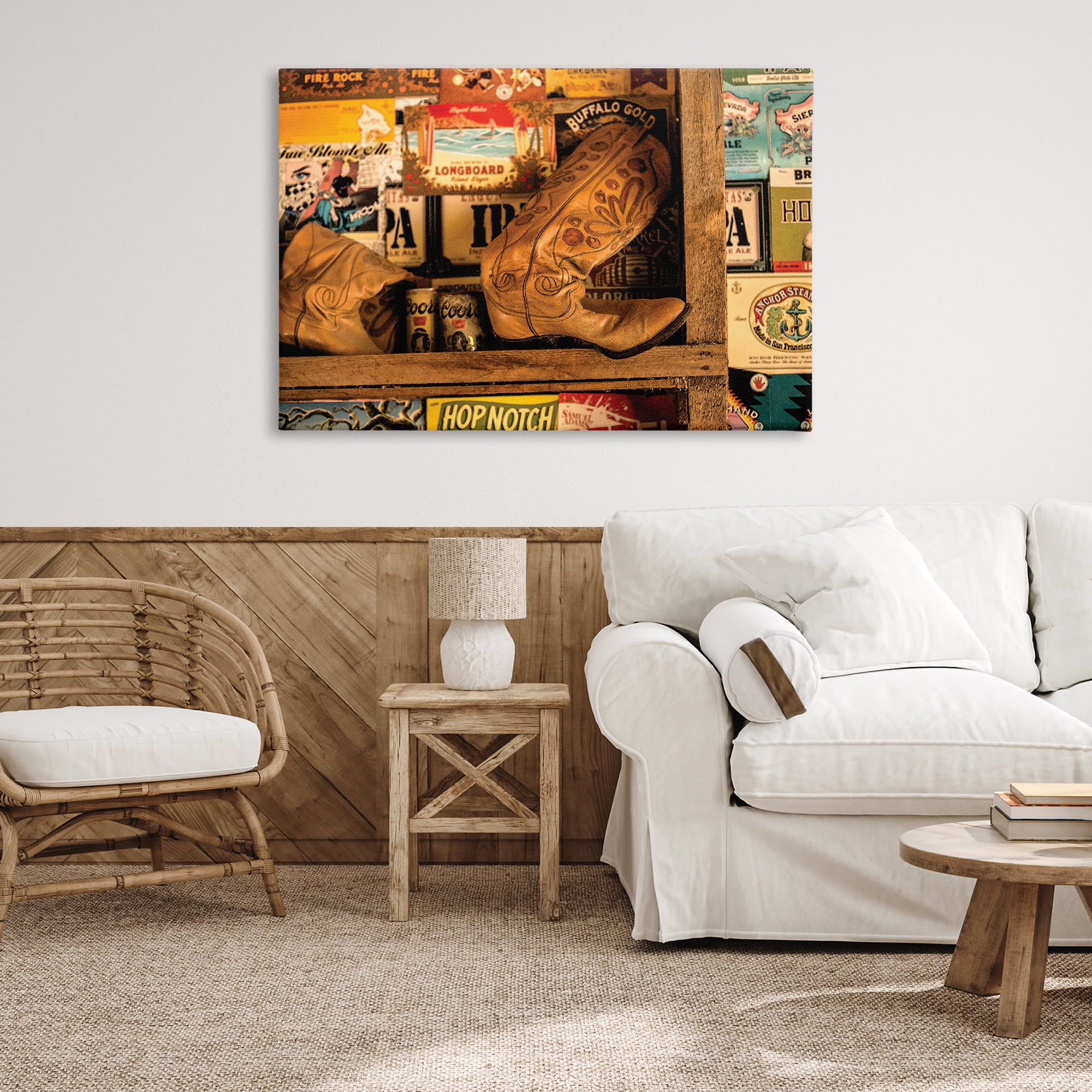 Stupell Industries Western Boots on Shelf Beauty & Fashion Painting Gallery Wrapped Canvas Art Print Wall Art, 45 x 30