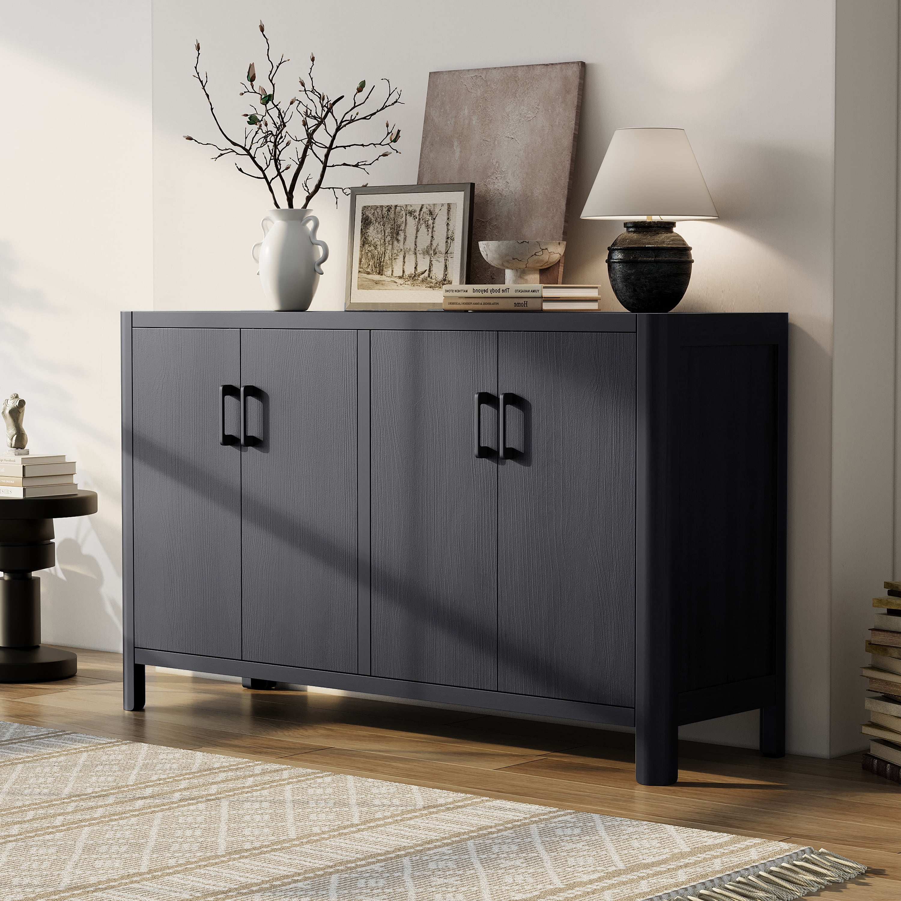 Euroco 59" Farmhouse Buffet Cabinet with Natural Distressed Finish,Accent Wood Sideboard Coffee Bar Station Table for Kitchen Living Room,Black