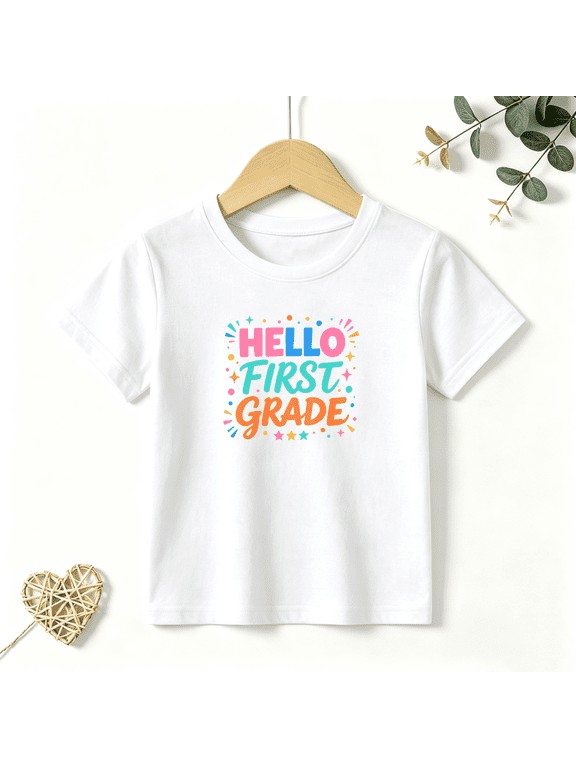 Girls Graphic Tees Hello First Grade Kids T Shirt Back To School 100% Cotton Short Sleeve Soft Tops 4-13Y