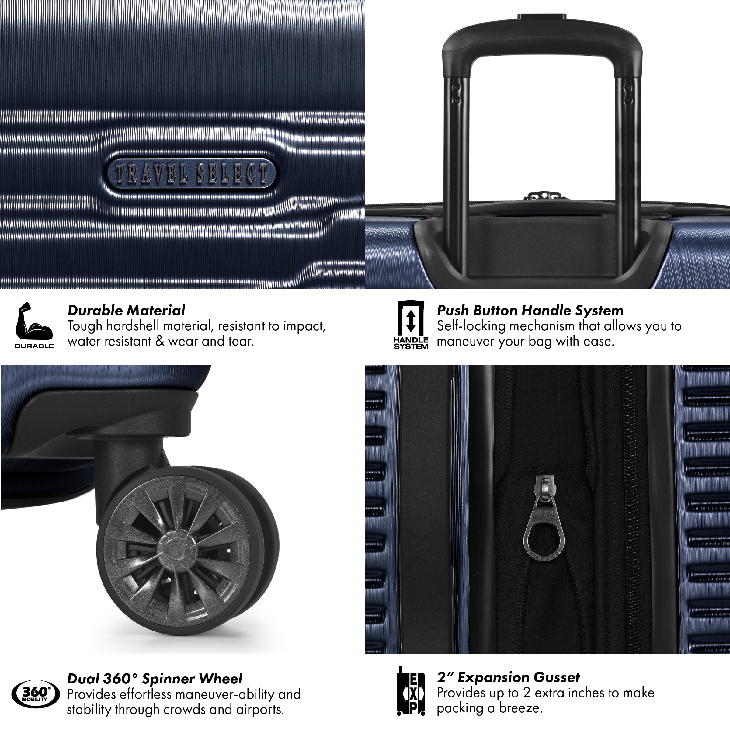 Travel Select Sunny Side Hardside Spinner Luggage with Spinner Wheels, Navy, 26" Medium Checked