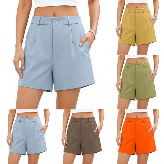 Fengqque Women Suit Shorts High Waist Summer Shorts Button A-line Wide Leg Straight Shorts with Pockets Yellow-A XS
