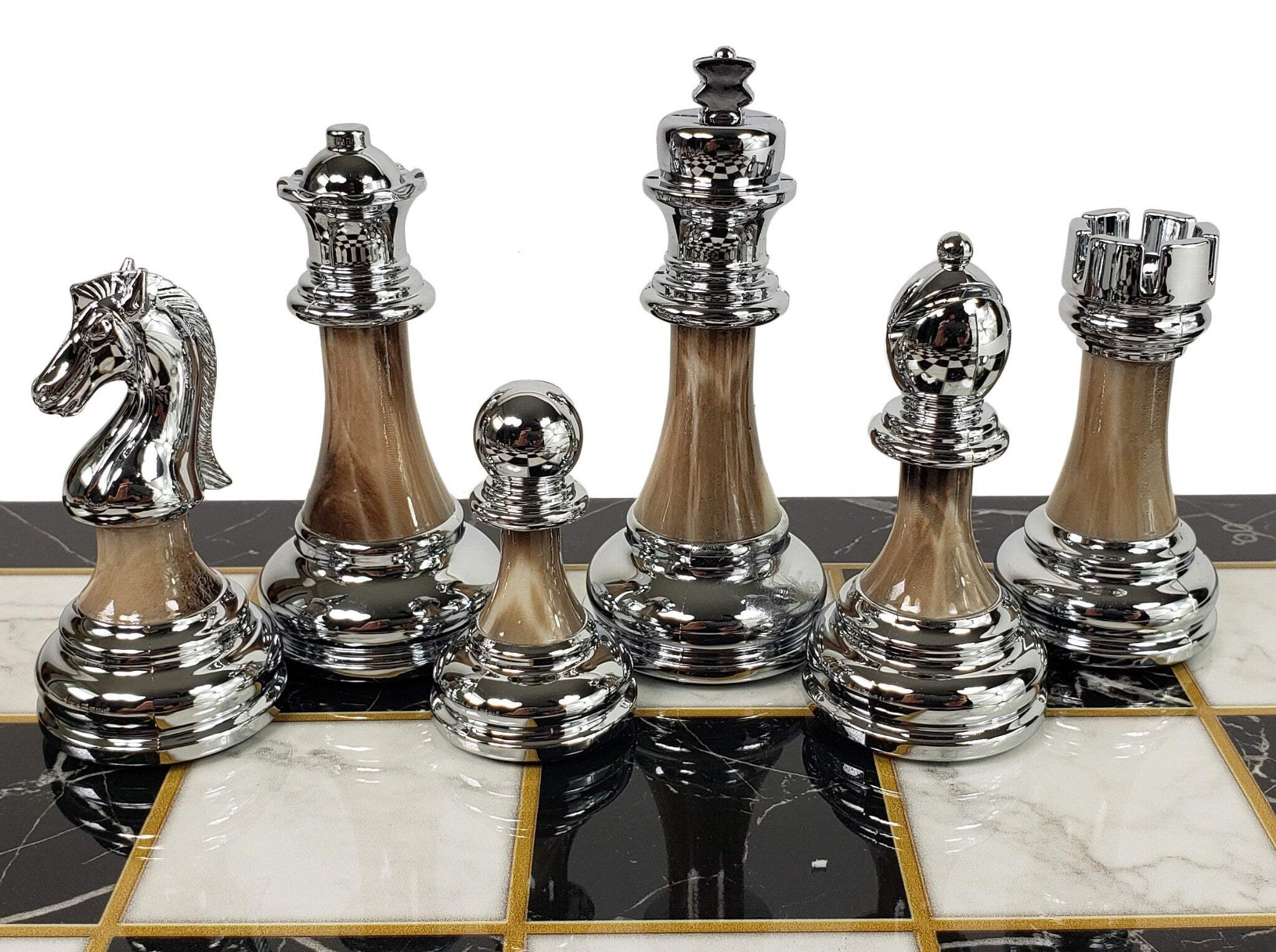 Staunton Chrome  Black Pro Plastic Chess Men Set W 17" Black Faux Marble Board