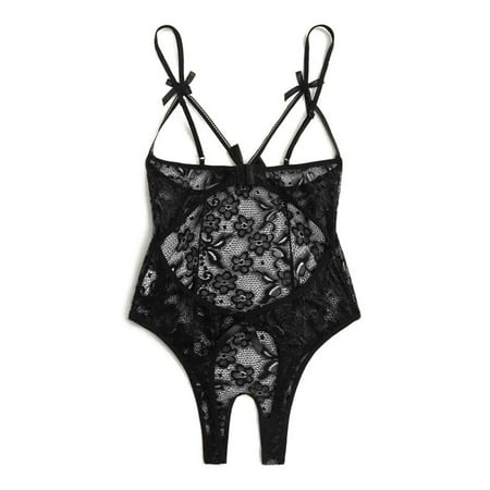 Sexy Nightwear For Women Women Bow Lace Hollow Open Crotch Teddy Bodysuit Backless Jumpsuit Lingerie  Women s Intimates XXXL