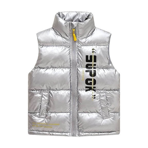 lnmuld Kids Metallic Stand Collar Puffer Vest Full Zip Side Pockets Letter Print Warm Sleeveless Outerwear Silver,9-10 Years