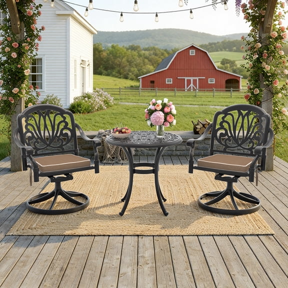 FFZ 3-Piece All-Weather Cast Aluminum Dining Set with Swivel Chairs and Round Table, Black