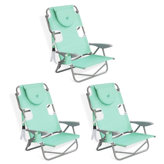 Ostrich On-Your-Back Outdoor Reclining Beach Lounge Pool Camping Chair, Teal, 3 Pack
