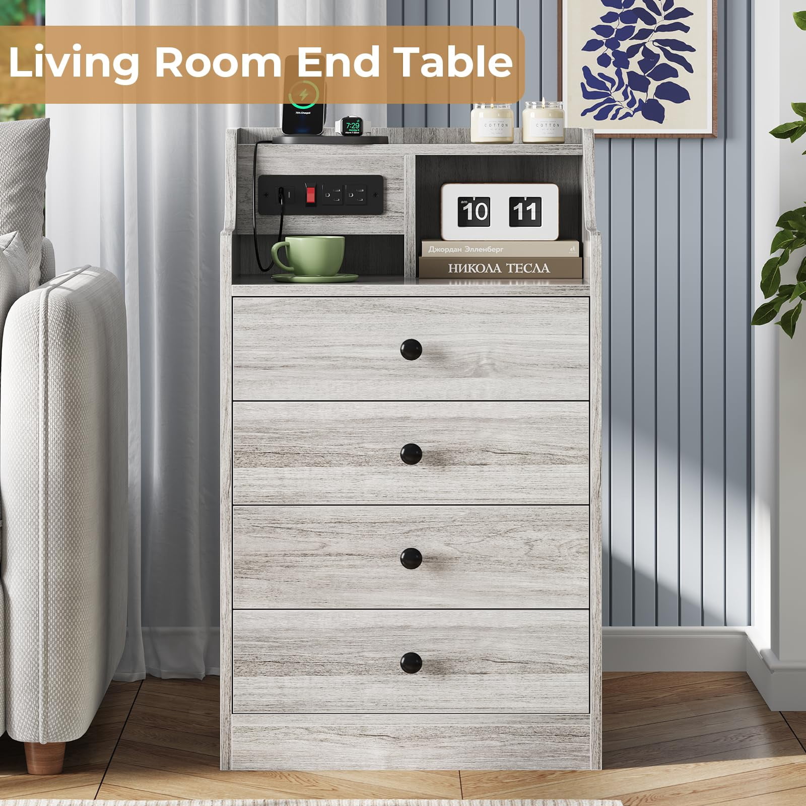 Afuhokles Nightstand with Charging Station, Bedside Table with 4 Drawers,End Table with Hutch, Gray