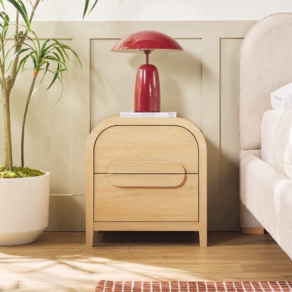 Walker Edison Modern Curved Wood 2 Drawer Nightstand, Coastal Oak