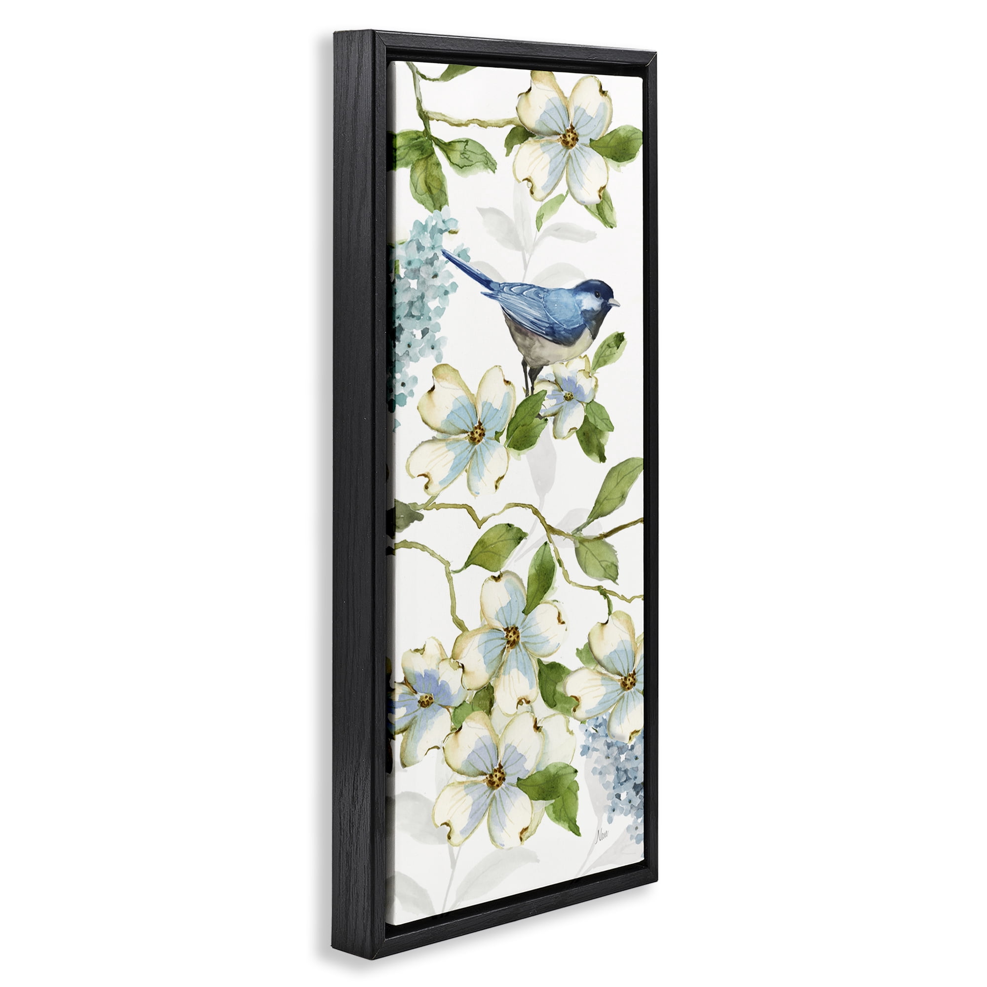 Stupell Industries Bird Perched on Dogwood Plants & Flowers Painting Black Floater Framed Canvas Art Print Wall Art, 14 x 31