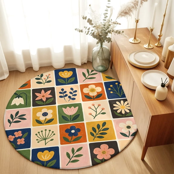 Round Rugs 4Ft, Flowers Patchwork Round Area Rug Washable Indoor Throw Carpet, Farmhouse Vintage Botanical Floral Soft Non Slip Circle Rug for Kitchen Nursery Room Home Decor Aesthetic