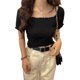 thumbnail image 1 of Sonducket Camiseta de punto Mujer Camiseta de manga corta Cuello cuadrado Camiseta de color sólido delgado Prendas para la parte del cuerpo Negro s, 1 of 6
