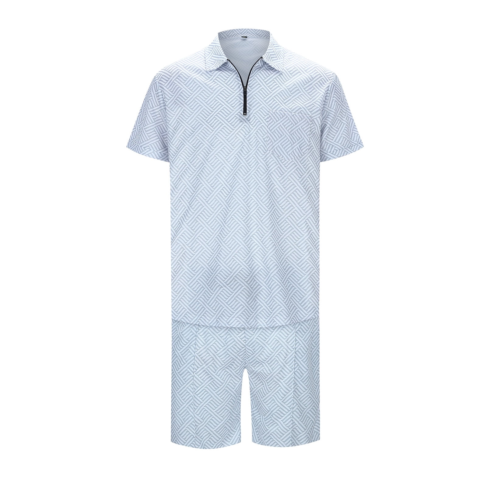 Homme Décontracté Rayé Gradient Rampe Imprimée Deux Pièces Costume Fermeture Éclair Haut Manches Courtes Costume Cordon De Serrage Poche Ensemble Court Costumes Maison, Bleu Clair, XL