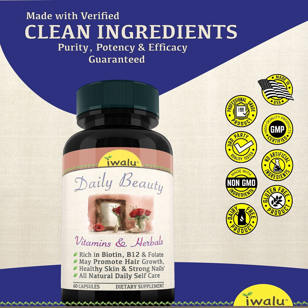 iwalu Daily Beauty | Hair Skin & Nails Vitamins | Botanical Supplement for Hair Growth, Radiant Skin, Strong Nails | Vegan, Non-GMO | 60 Vegan Capsules | NSF Certified & USA Made