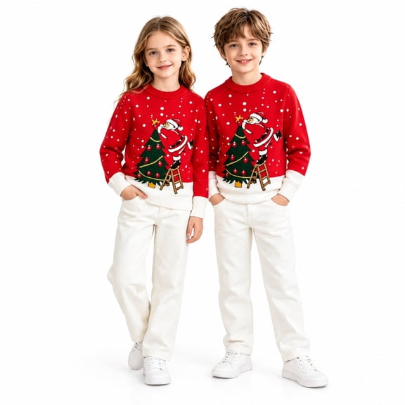 SYMOID Kids Ugly Christmas Sweater Boys Girls Toddler Crew Neck Long Sleeve Pullover Santa Tree Jacquard Red,Size 5T,1PC