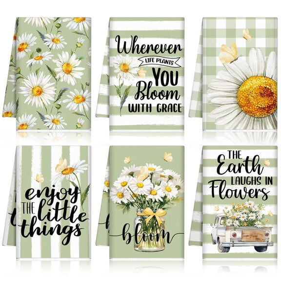 6 Pcs Sage Green Daisy Kitchen Towels Farmhouse Floral Dish Towels with Inspirational Quotes Absorbent Plaid Stripe Bathroom Hand Towel Decorative Tea Towel for Home Kitchen Decor Gift 16x24 inches