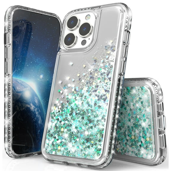 Nakedcellphone Liquid Waterfall Series for iPhone 13 Pro Phone Case, Clear Flexible TPU Slim Cover [Anti-Shock, Glitter Bling] with Diamond Silver Rhinestone Trim