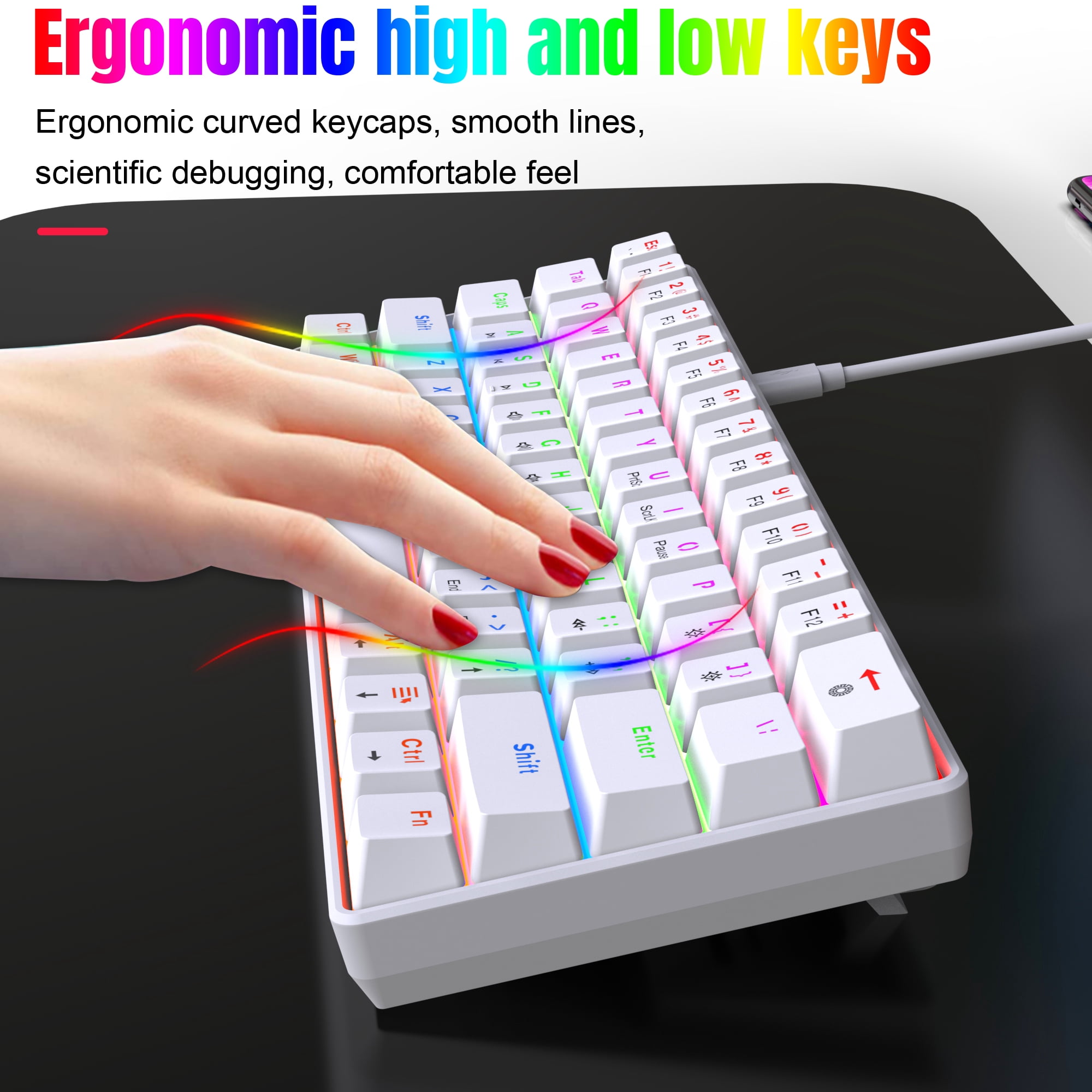UHM 60% Wired Mechanical Gaming Keyboard,RGB Backlit Mini Keyboard with Blue Switch/Multimedia Keys,Waterproof Small Ultra-Compact 61 Keys Keyboard for PC/Mac Gamer,Typist,Travel,White