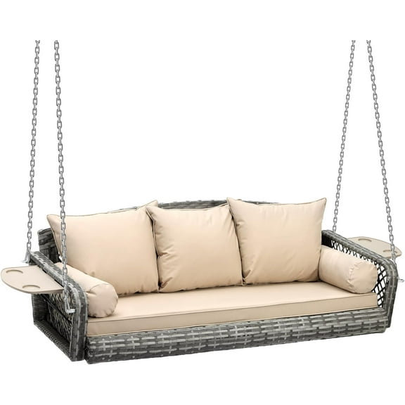 Haverchair 3-Seats Wicker Porch Swing Hanging Bench Chair Outdoor Gray Rattan Patio Swing Lounge with Cushions for Garden, Balcony, Deck