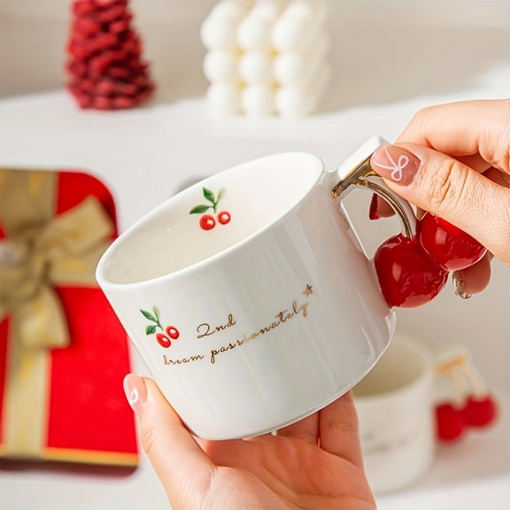 Cute Cherry Ceramic Mug, High Aesthetic Design, Reusable Home Kitchenware, Multi-Purpose Cup, Dishwasher Safe, Ceramic Material