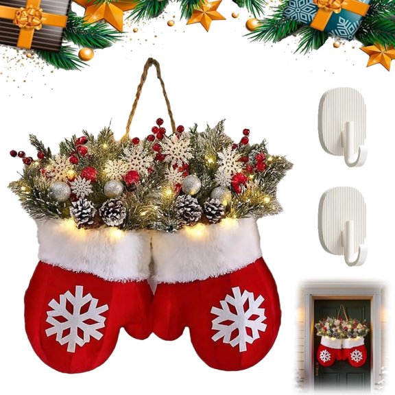 Twinkling Christmas Mitten Wreath with LED Lights & 8H Auto Timer, Flocked Christmas mitten wreath with fir branches, red berries, and frosted pine cones for door, wall, or window decoration