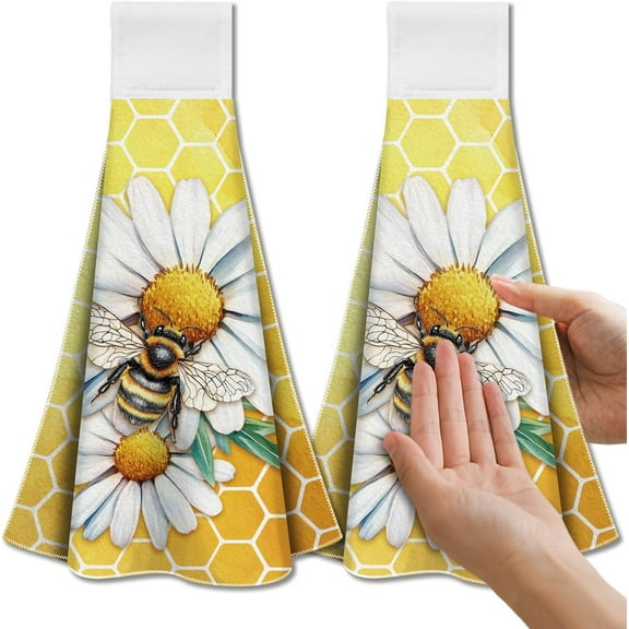 Bee and Daisy Hanging Kitchen Towels with Loop Set of 2 - Soft Super Absorbent Microfiber Decorative Hanging Dish Hand Towel Tea Coffee Towel for Kitchen Bathroom Oven Handle diy