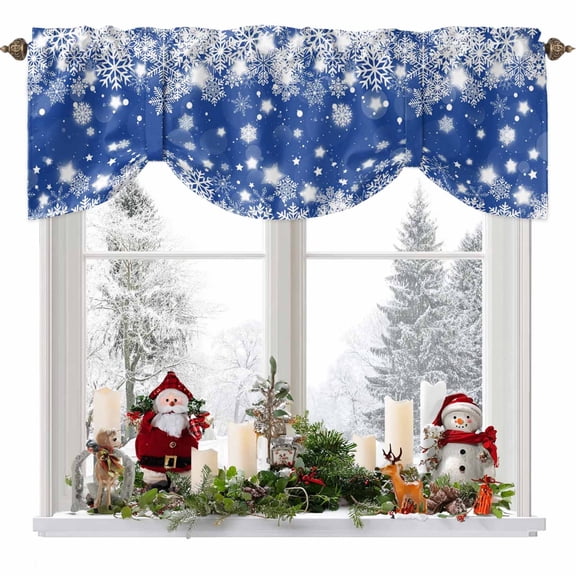 Christmas Snowflakes Tie Up Valances Curtain, Winter Blue Background Xmas Adjustable Rod Pocket Short Window Treatment Tie Up Curtains Valances for Kitchen Living Room Bathroom 54x18 Inches