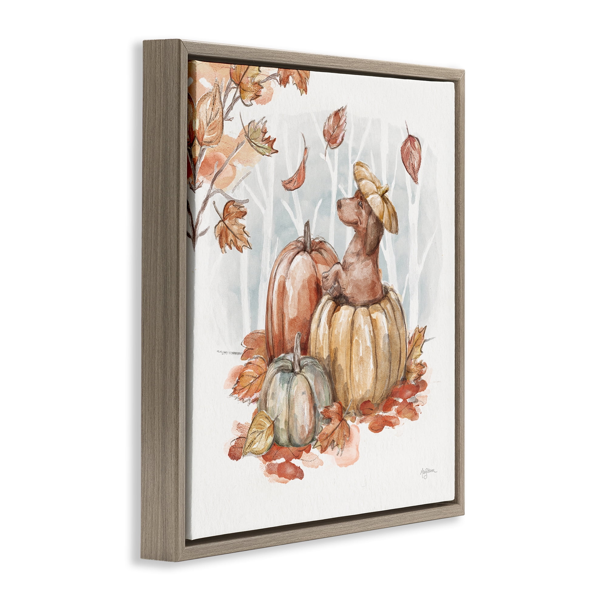 Stupell Industries Fun Dachshund & Pumpkin Holiday Painting Brown Floater Framed Canvas Art Prints Wall Art, 25 x 25