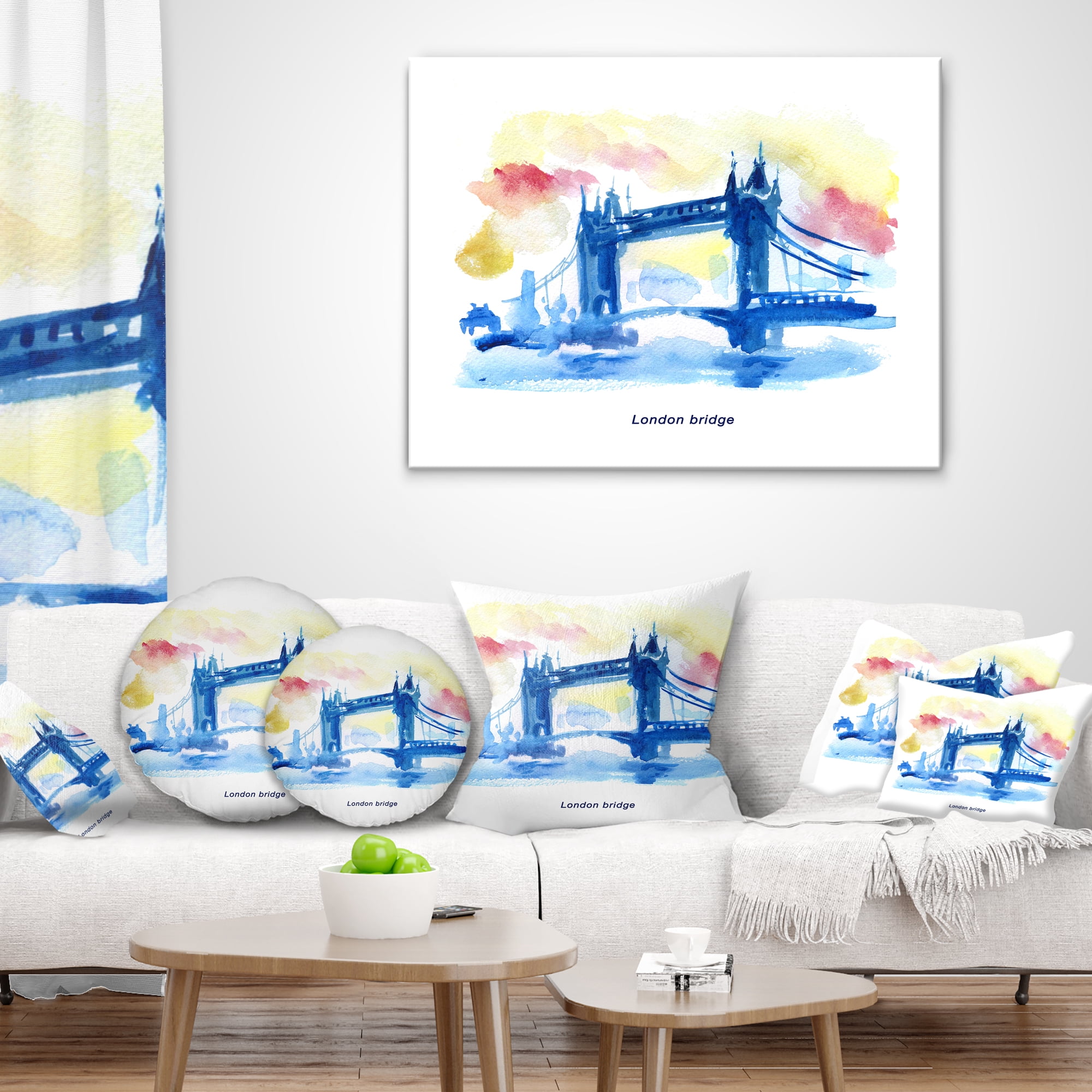 Designart London Hand drawn Illustration - Cityscape Painting Throw Pillow - 16x16