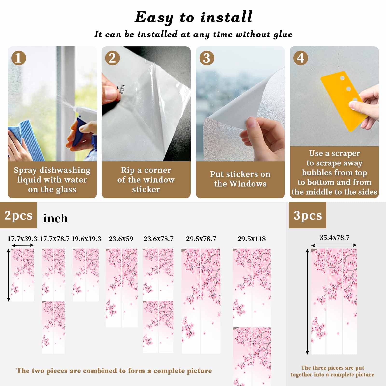 Cherry Blossom Window Privacy Film, Gradient Tree Pink Flower Plant Static Cling UV Sun Blocking Heat Control Window Tint Day and Night,Non-Adhesive Reusable One Way Windows Privacy Cover 23.6''x59''