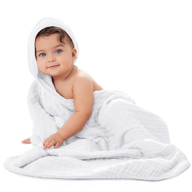 Toalla con Capucha para Bebé Comfy Cubs de Algodón Muselina 81x81cm Blanca