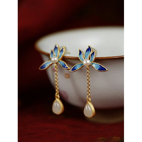 HOOUN Jade Lotus Earrings Talismans Green 925 Silver Natural Ear Studs Women Jewelry-White