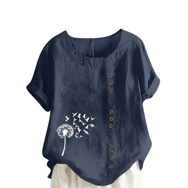 Vestidos Casuales Para Mujer, Blusas De Mujer De Moda Blusa informal de lino con botones y manga corta estampada para mujer