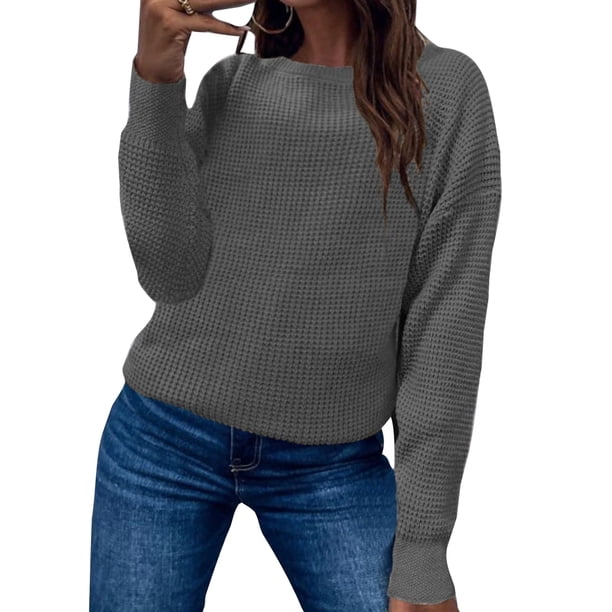 UKAP Suéter de punto para mujer, estilo gofre, liso, casual, para otoño, básico, manga larga, cuello redondo, jersey de punto