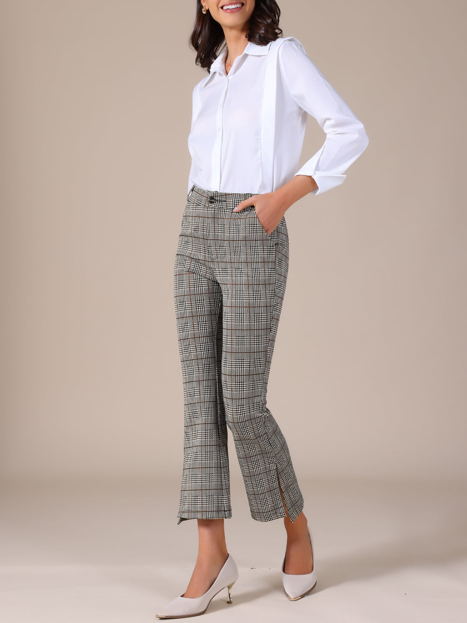 DARING DIVA Women's Plaid High Waist Side Slit Suit Pants Medium Black