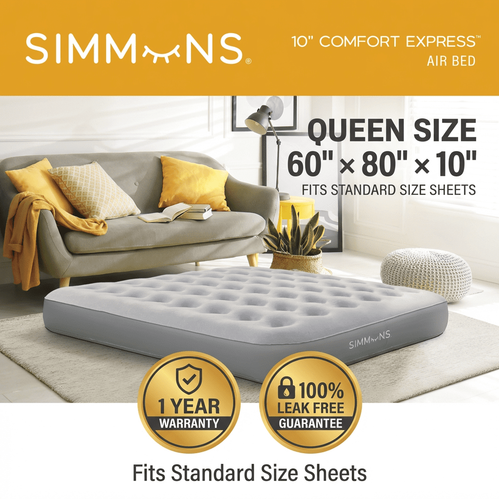 Simmons Comfort Express 10" Queen Air Mattress with AC Pump, 600 lb. Capacity, Comfort Coil Support