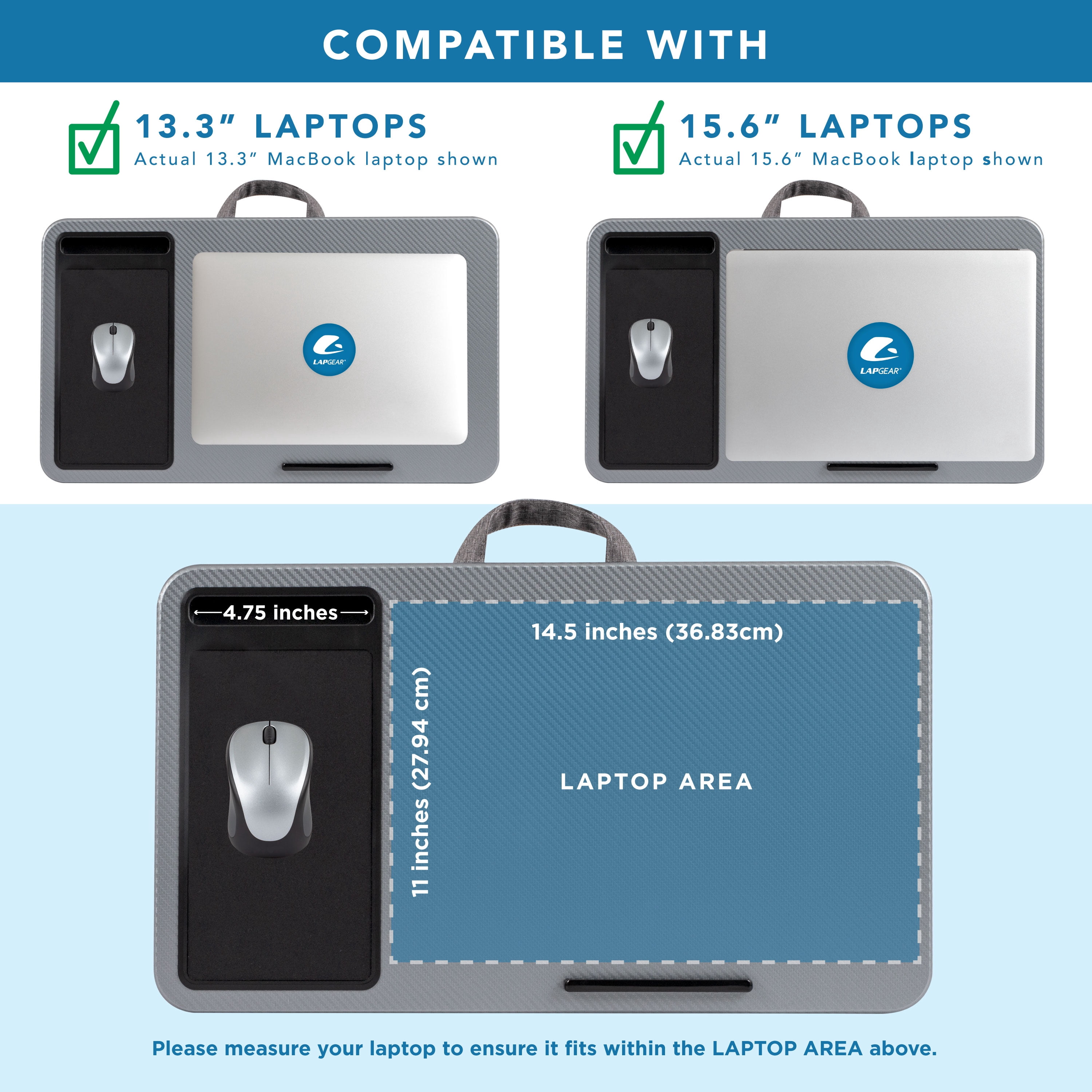LapGear Left-Handed Home Office Lap Desk, Fits up to 15.6" Laptops, Silver Carbon