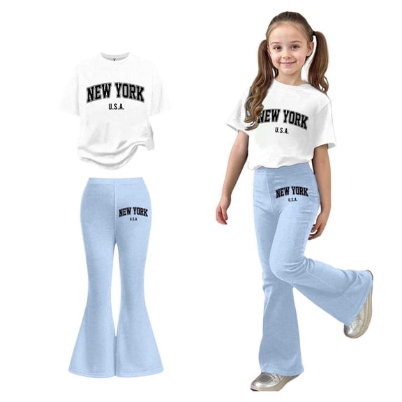 2 Piece Sets for Girls Short Sleeve Letter Print T-Shirt Top and Flared Pants Set Girls Summer Clothes Size 8-9 Years Girls Outfits