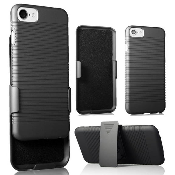 Case with Clip for iPhone SE 2022/2020, Nakedcellphone Black Ribbed Slim Cover with [Rotating/Ratchet] Belt Hip Holster Holder Combo for iPhone SE3, SE2,iPhone 8, iPhone 7