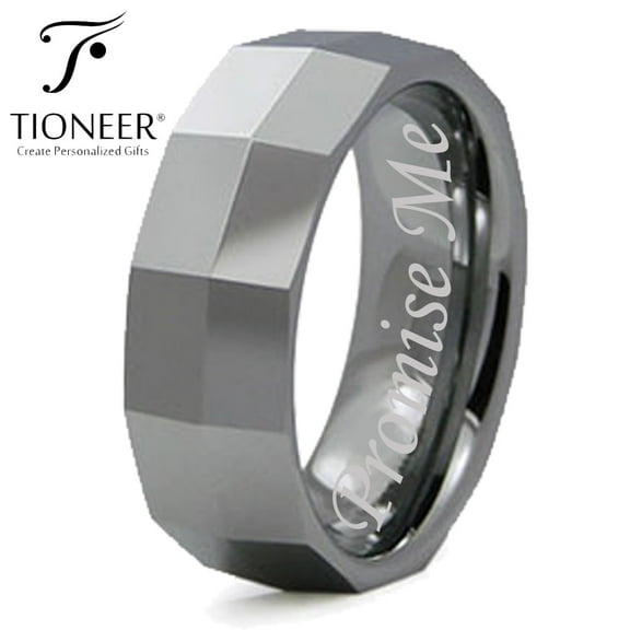 Tioneer Tungsten Carbide High Polished Faceted Design Wedding Band Ring Mens Womens 8MM Promise Me Engraved