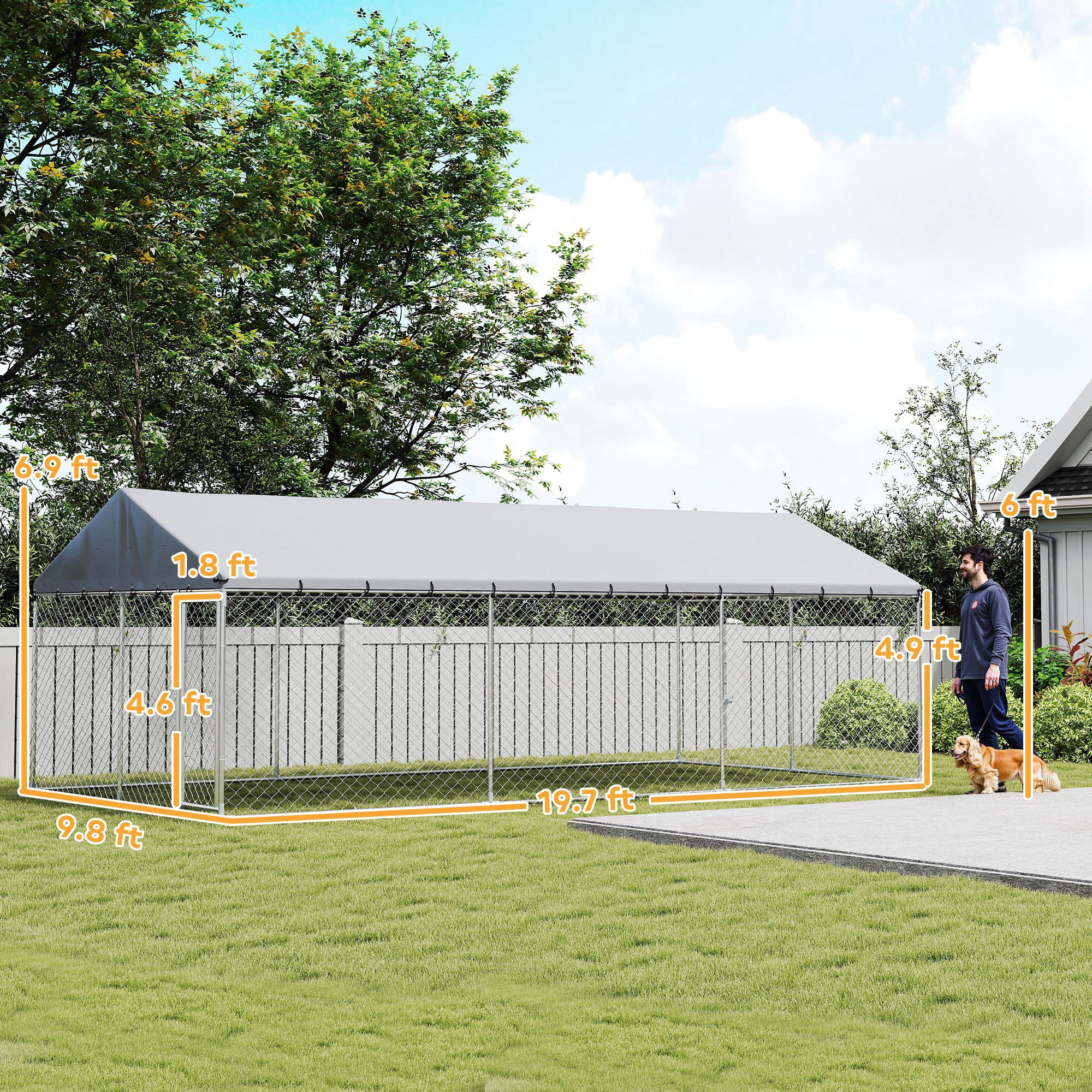 PawHut Outdoor Dog Kennel, Heavy Duty Large Dog Kennel Outside with Waterproof Roof, 2 Secure Latches, Dog Run for Backyard, 20' x 10' x 7'