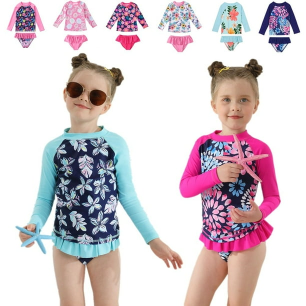 ESHOO 2Pcs Toddler Girls Rash Guards Swimsuit Set Long Sleeve Floral