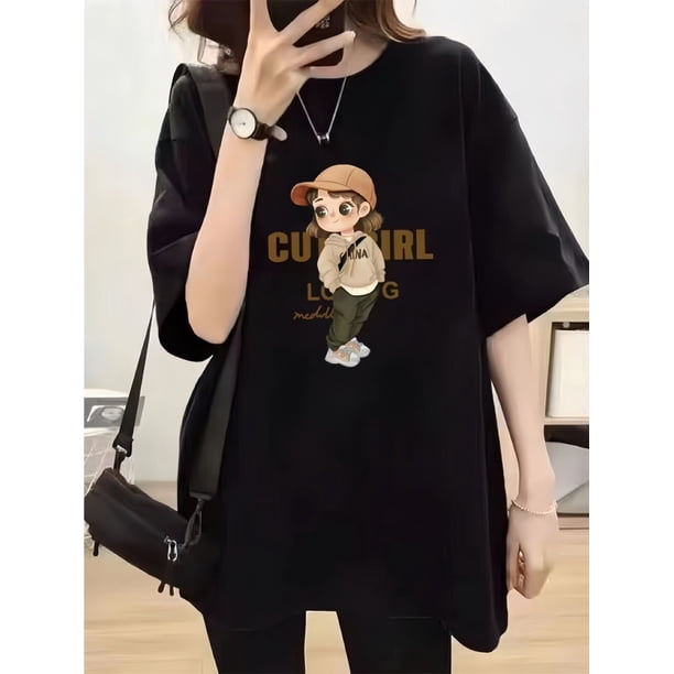 Vibrant Cartoon Print Relaxed Fit T-Shirt for Women - Soft 100% Cotton, Crew Neck, Half Sleeve, Drop Shoulder, Loose Fit, Pullover Style, Breathable, Comfortable, Perfect Top for Casual Outings