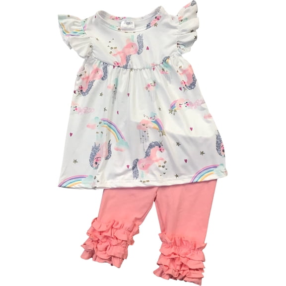 Little Girl Kids Short Sleeve Unicorn Rainbow Ruffle Pants Set Off White 2T XS 201295 BNY Corner