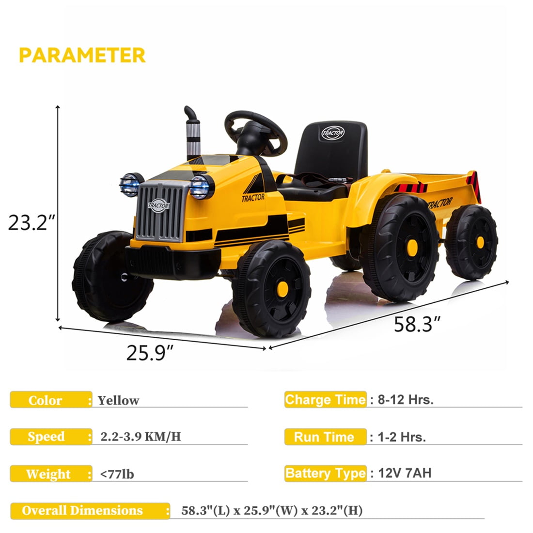 Private Jungle Ride on Tractor, Battery-Powered Toy Tractor with Trailer, 3-Gear-Shift Ground Loader Ride On with LED Lights and USB&Bluetooth, Yellow, Unisex
