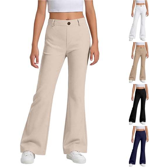 Rhuody Teen Pants For Girls Empire Waist Flare Trousers Solid Color Straight Leg Slacks Classic Bottoms 9-10 Years Beige