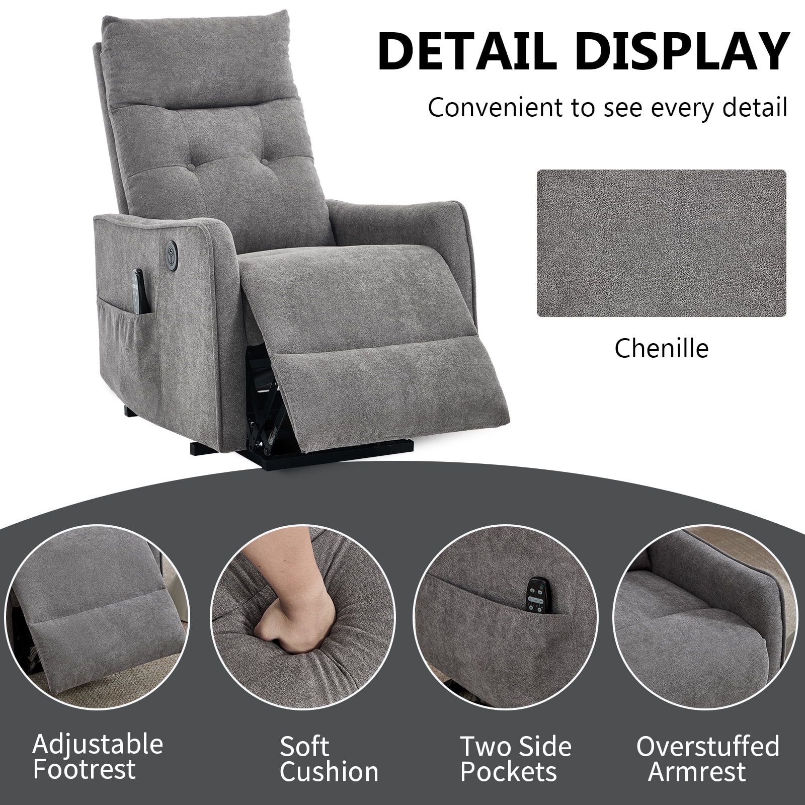 BSHTI Power Lift Recliner Chair with Massage and Heat, Single Motor 155° Recline, USB Charging Port, Chenille, Easy Assembly, Light Gray