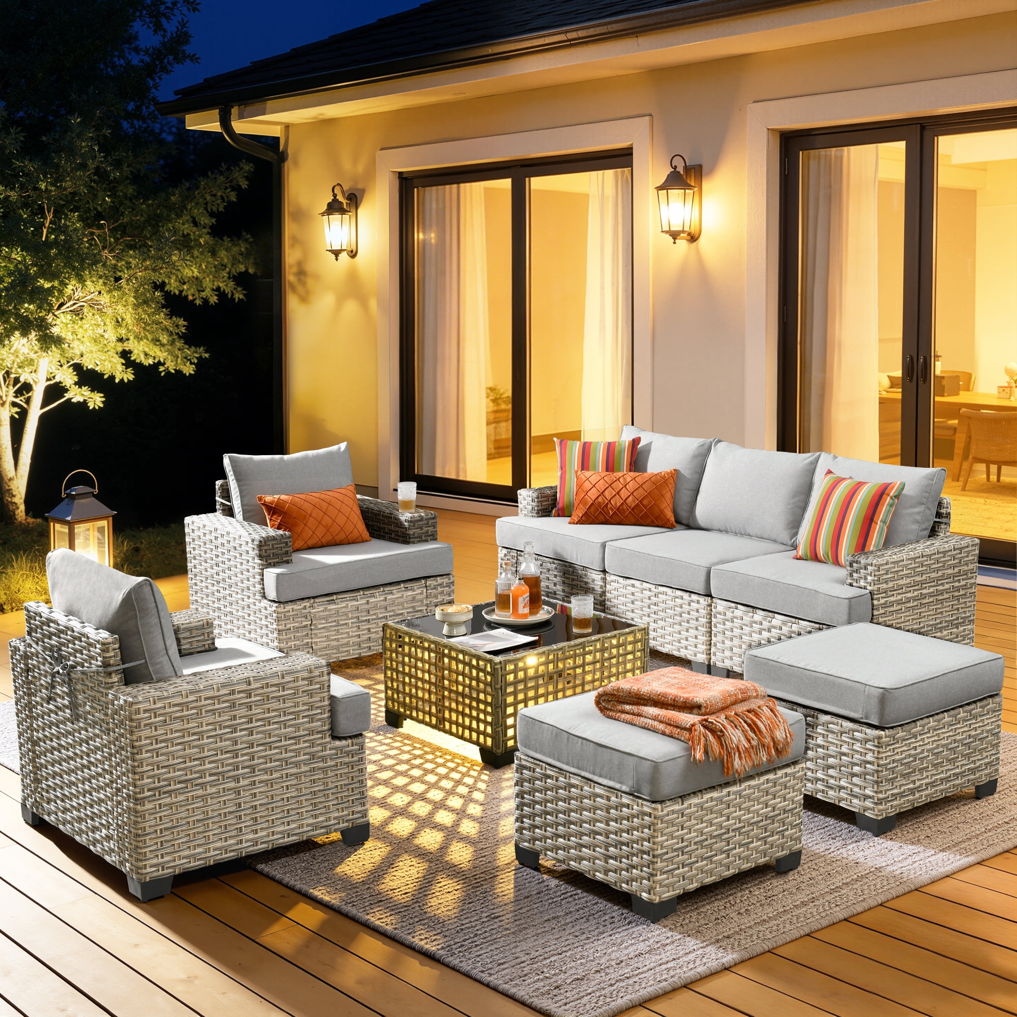 Vcatnet 8 Pieces Patio Furniture Sets PE Wicker Sectional Sofa Rattan Outdoor Conversation Set with Solar Powered Coffee Table for Porch, Backyard, Gray