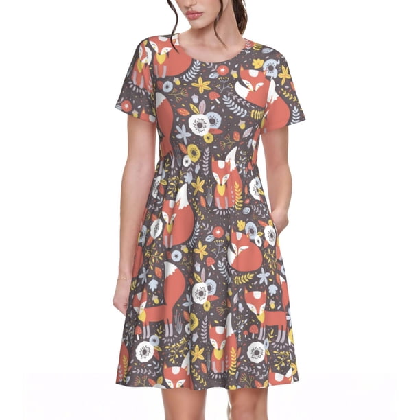 Disketp Foxes para Vestido de Manga Corta para Mujeres, Vestidos de Verano para Mujeres, Casual y Holgado para la Playa