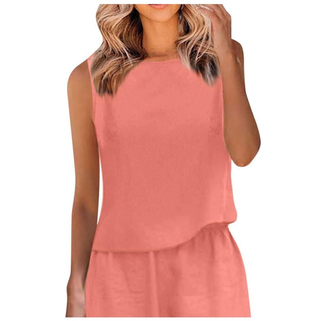 Yuyuzo Débardeurs en Coton et Lin pour Femmes Sans Manches Col Rond T-Shirts Couleur Unie Confortables Été