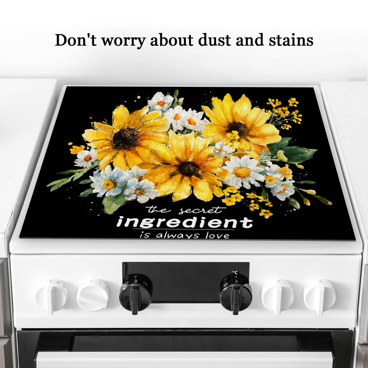 Fall Stove Top Covers, Yellow Sunflower and White Flowers Pattern Heatproof Oilproof Stovetop Protector, Non-slip Washable Kitchen Decoration Mat for Kitchen RV (28×20 Inch)